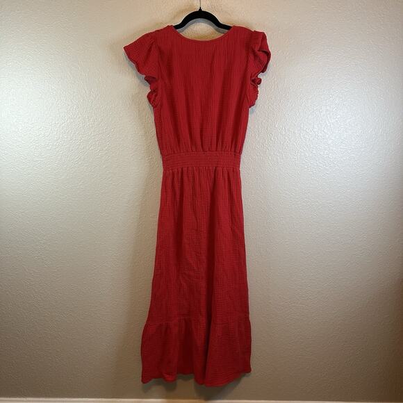 MSK MIDI dress Women’s Cotton Gauzy Size L Red Summer Lightweight Split Flutter - Picture 2 of 7